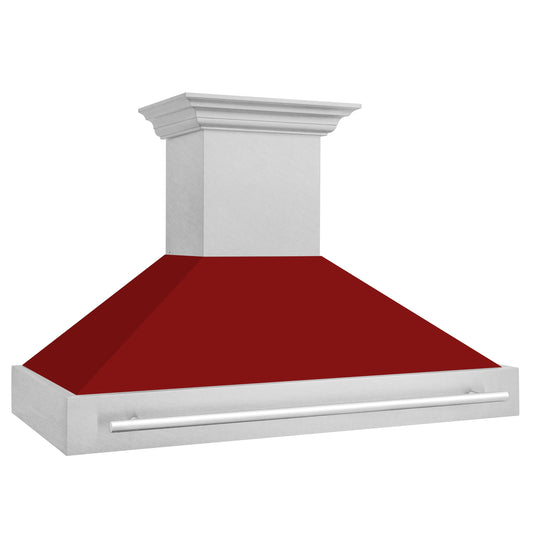 ZLINE 48 in. Wall Mount Range Hood Satin Stainless Steel Red Gloss Shell 700 CFM 4-Speed Fan Stainless Steel Handle (8654SNX-RG-48)