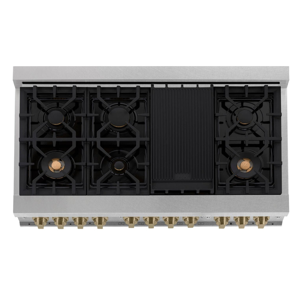 ZLINE Autograph Package - 48 In. Dual Fuel Range and Range Hood in Satin Stainless Steel with Champagne Bronze Accents, 2AKPR-RASRH48-CB