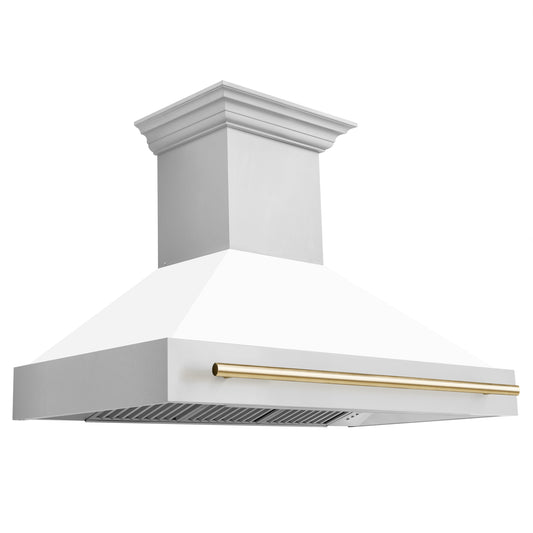 ZLINE 48 Inch Wall Mount Range Hood White Matte Finish Gold Handle Autograph Edition (8654STZ-WM48-G)