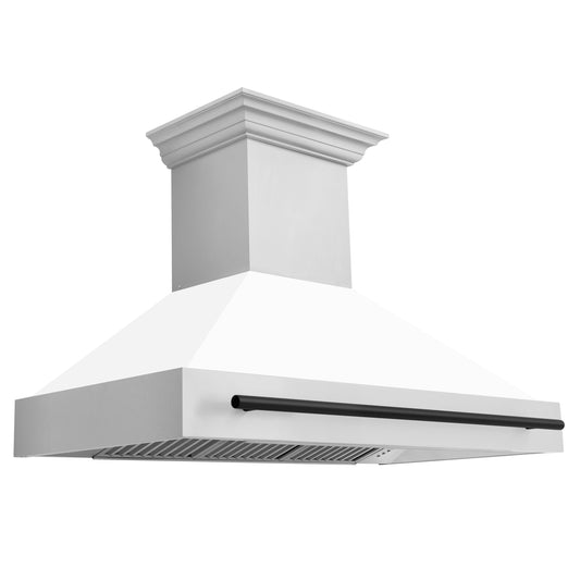 ZLINE 48 in. Wall Mount Range Hood – White Matte Shell, Matte Black Handle, 400 CFM, Model 8654STZ-WM48-MB