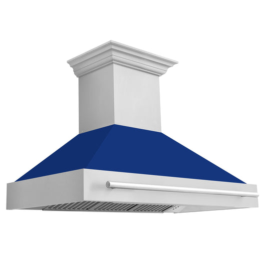 ZLINE 48 in. Wall Mount Range Hood Stainless Steel Blue Gloss Shell 4-Speed Fan LED Lighting (8654STX-BG-48)