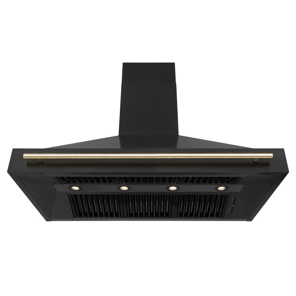 ZLINE 48 in. Wall Mount Range Hood Black Stainless Steel Gold Handle 400 CFM (BS655Z-48-G)