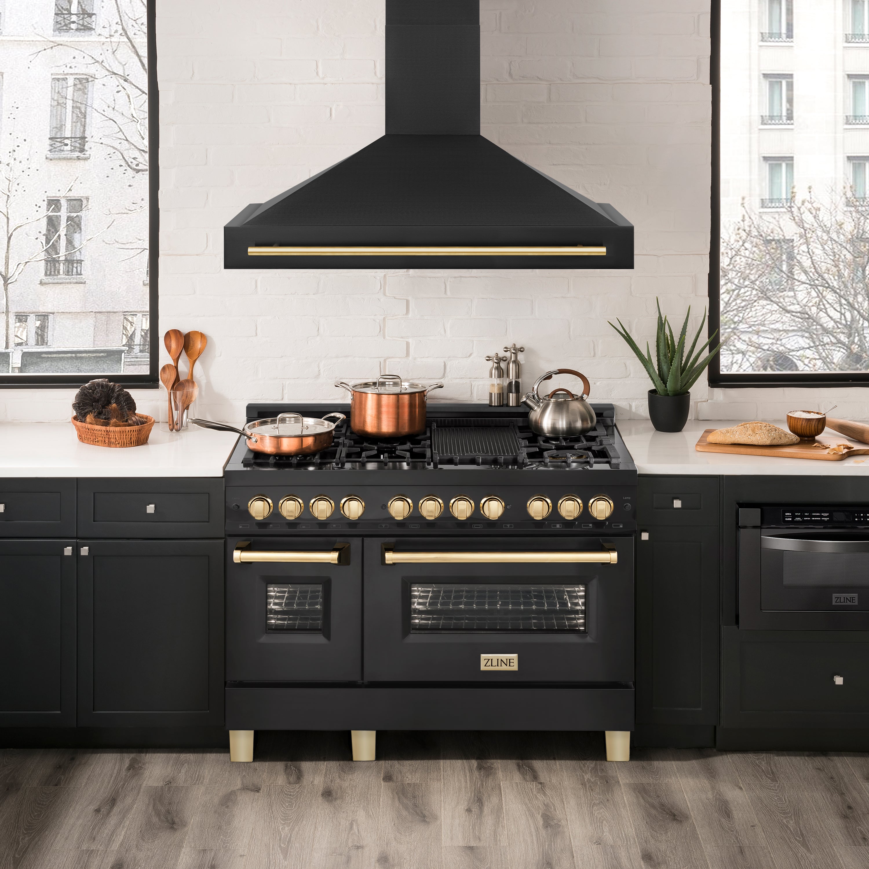 ZLINE Autograph Package - 48 In. Dual Fuel Range, Range Hood, Dishwasher in Black Stainless Steel with Gold Accent, 3AKP-RABRHDWV48-G