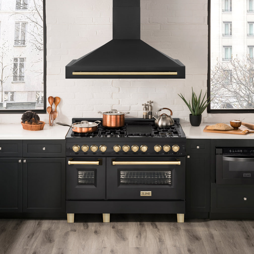 ZLINE Autograph Package - 48 In. Dual Fuel Range, Range Hood in Black Stainless Steel with Gold Accents, 2AKP-RABRH48-G