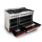 ZLINE 48" Professional Dual Fuel Range with 7 Burners, 6.0 cu. ft. Electric Oven, Stainless Steel with Red Gloss Door – RA-RG-48