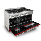 ZLINE 48 in. 6.0 cu. ft. Professional Dual Fuel Range with Gas Burners and Electric Oven in Stainless Steel with Red Matte Door (RA-RM-48)