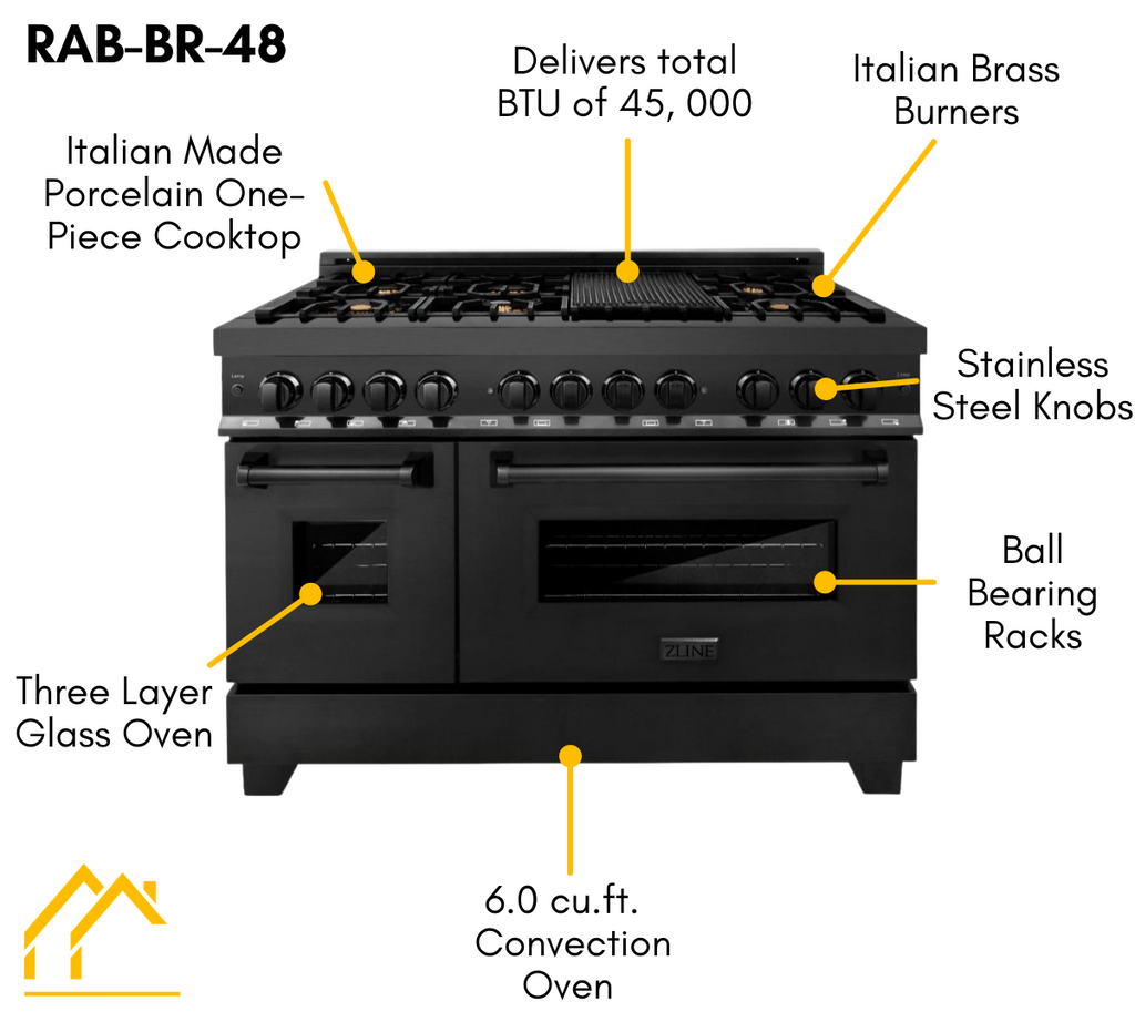ZLINE Appliance Package - 48 In. Dual Fuel Range, Range Hood, Microwave and Dishwasher in Black Stainless Steel, 4KP-RABRH48-MWDWV