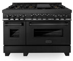 ZLINE Appliance Package - 48 In. Gas Range, Refrigerator, Range Hood, Microwave Drawer in Black Stainless Steel, 4KPR-SGRBRH48-MW
