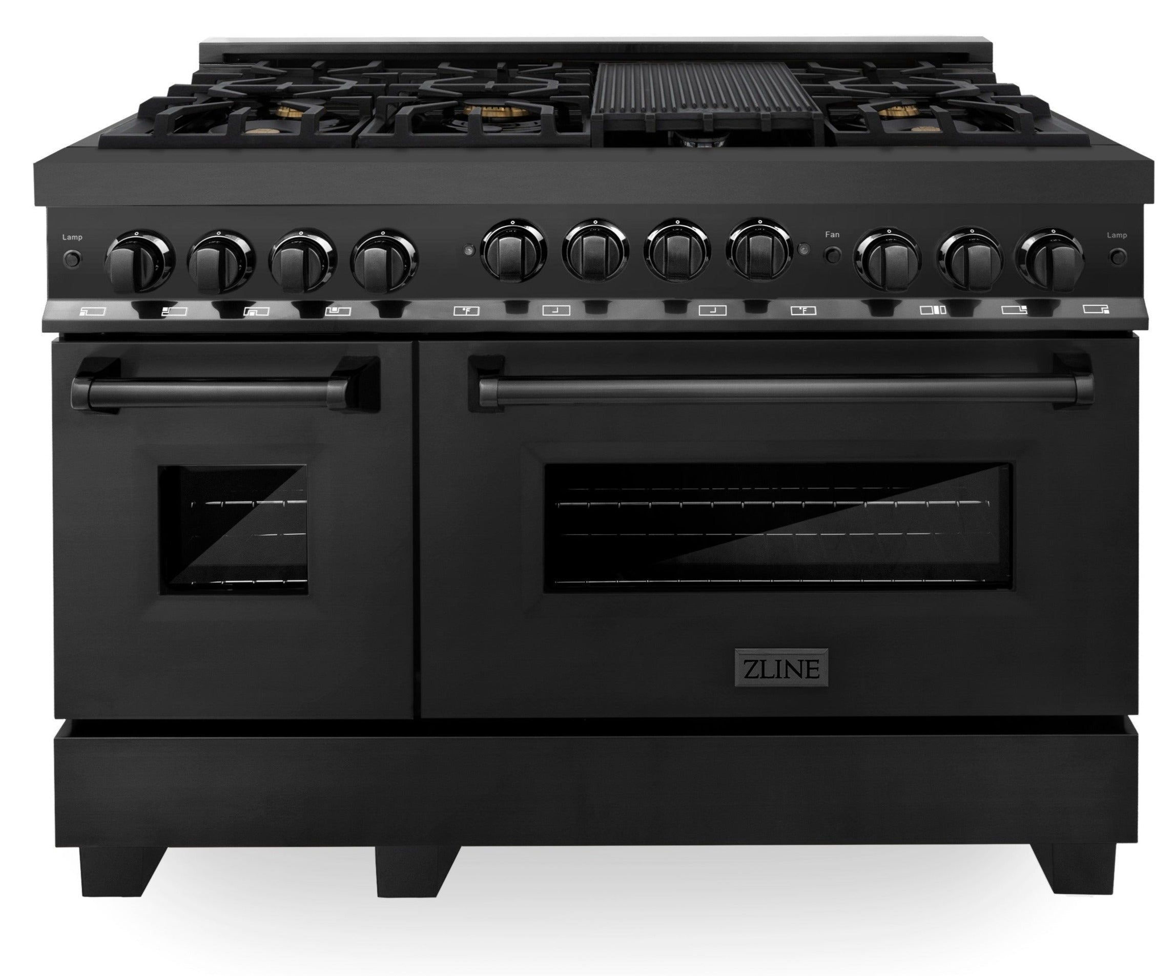 ZLINE Appliance Package - 48 In. Gas Range, Refrigerator, Range Hood, Microwave Drawer in Black Stainless Steel, 4KPR-SGRBRH48-MW