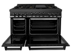 ZLINE Appliance Package - 48 In. Gas Range, Refrigerator, Range Hood, Microwave Drawer in Black Stainless Steel, 4KPR-SGRBRH48-MW