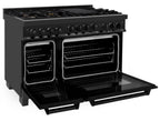 ZLINE Appliance Package - 48 In. Gas Range, Refrigerator, Range Hood, Microwave Drawer in Black Stainless Steel, 4KPR-SGRBRH48-MW