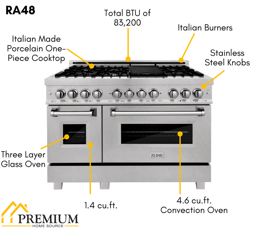 ZLINE Appliance Package - 48 In. Dual Fuel Range, Range Hood, Microwave Oven in Stainless Steel, 3KP-RARHMWO-48