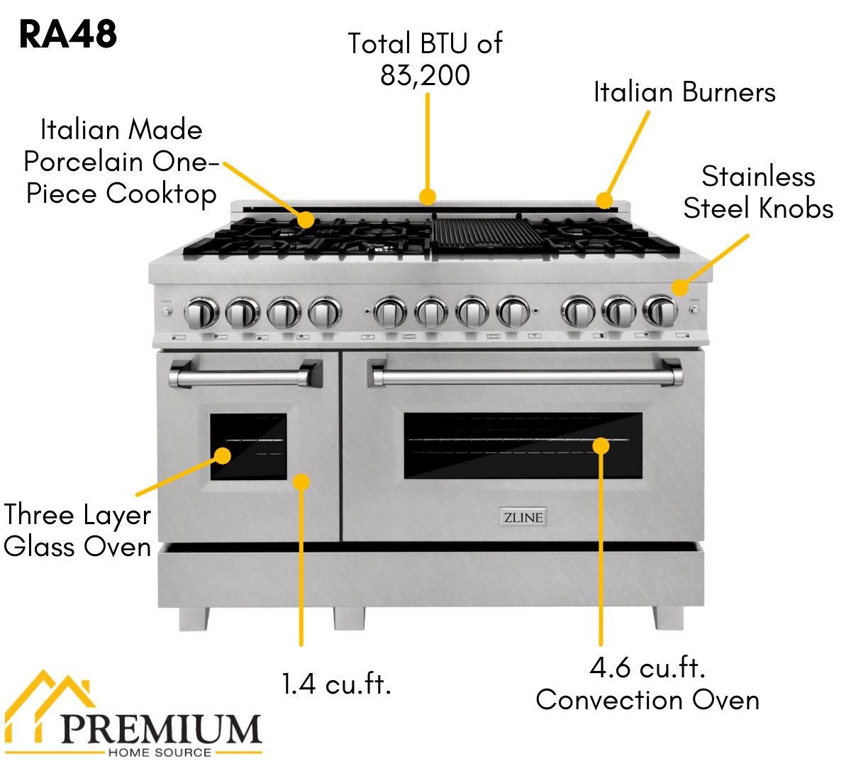 ZLINE Appliance Package - 48 in. Dual Fuel Range, Range Hood, Microwave Drawer, 3 Rack Dishwasher, Refrigerator, 5KPR-RARH48-MWDWV