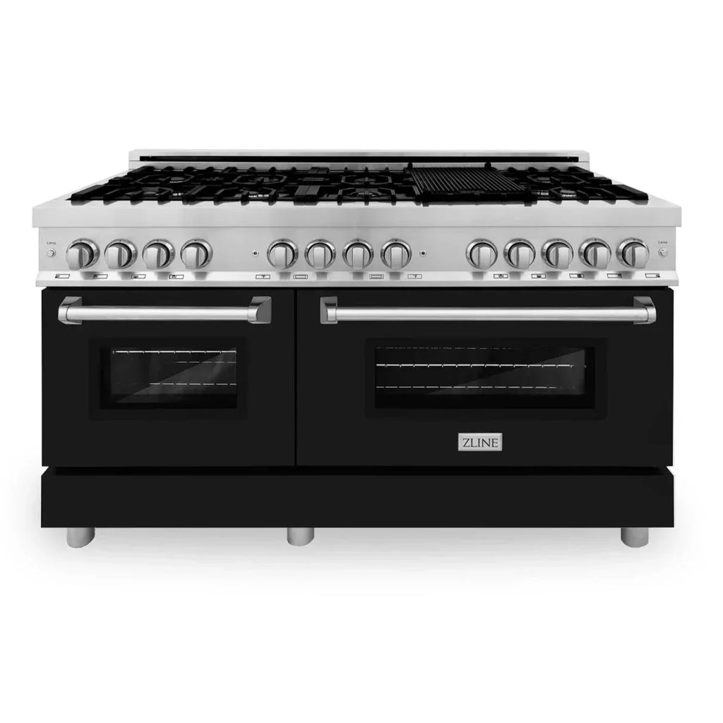 ZLINE 60 in. Legacy Dual Fuel Range, 9 Burner Gas Cooktop, Double Electric Convection Ovens, 7.4 cu. ft., Satin Stainless Steel with Black Matte Doors (RAS-BLM-60)