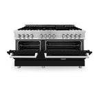ZLINE 60 in. Legacy Dual Fuel Range, 9 Burner Gas Cooktop, Double Electric Convection Ovens, 7.4 cu. ft., Satin Stainless Steel with Black Matte Doors (RAS-BLM-60)