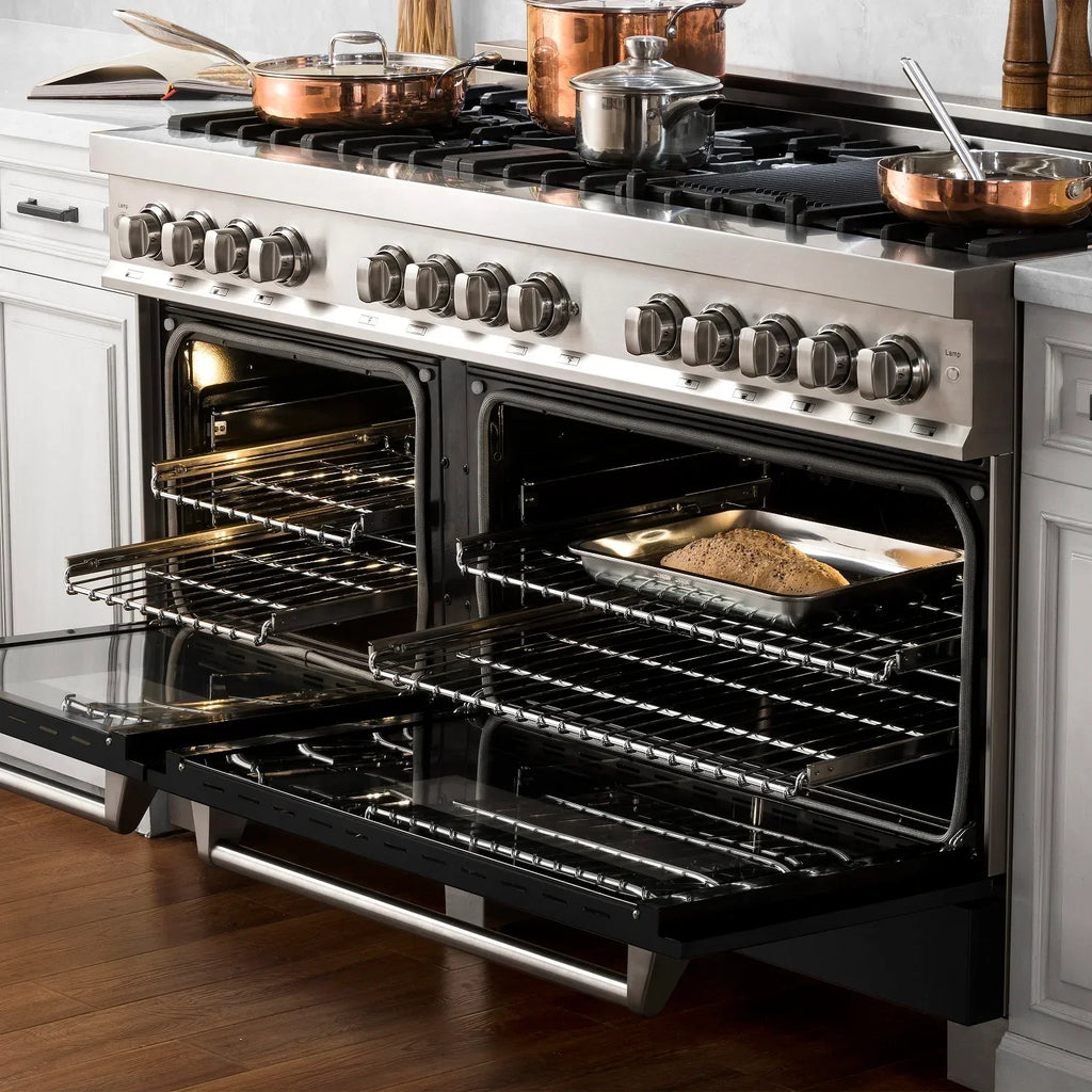 ZLINE 60 in. Legacy Dual Fuel Range, 9 Burner Gas Cooktop, Double Electric Convection Ovens, 7.4 cu. ft., Satin Stainless Steel with Black Matte Doors (RAS-BLM-60)