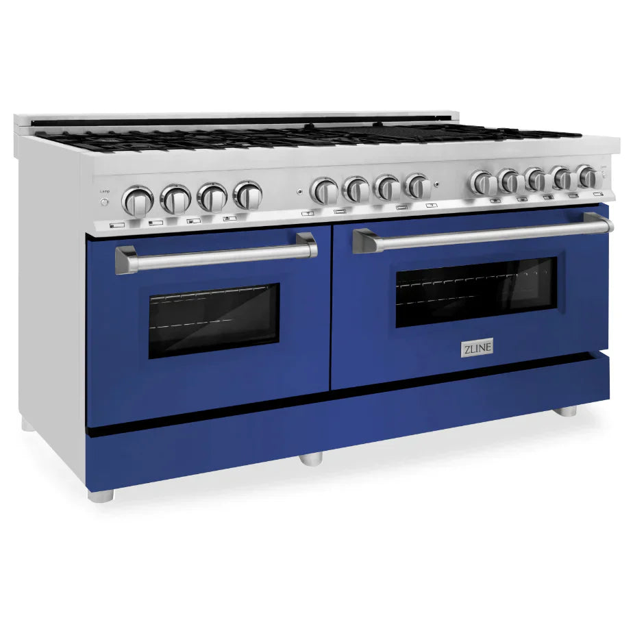 ZLINE 60 in. Legacy Dual Fuel Range, 7.4 cu. ft., 9 Burner Gas Cooktop, Double Electric Convection Ovens, Satin Stainless Steel with Blue Gloss Doors (RAS-BG-60)