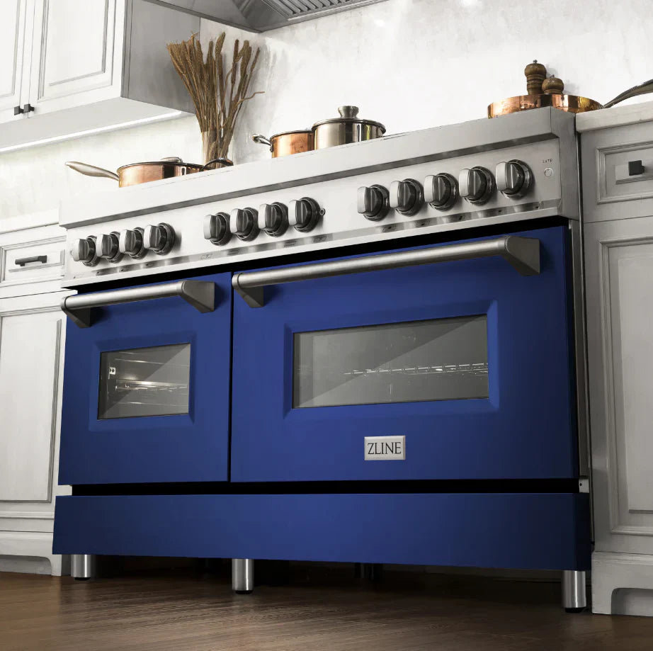 ZLINE 60 in. Legacy Dual Fuel Range, 7.4 cu. ft., 9 Burner Gas Cooktop, Double Electric Convection Ovens, Satin Stainless Steel with Blue Gloss Doors (RAS-BG-60)