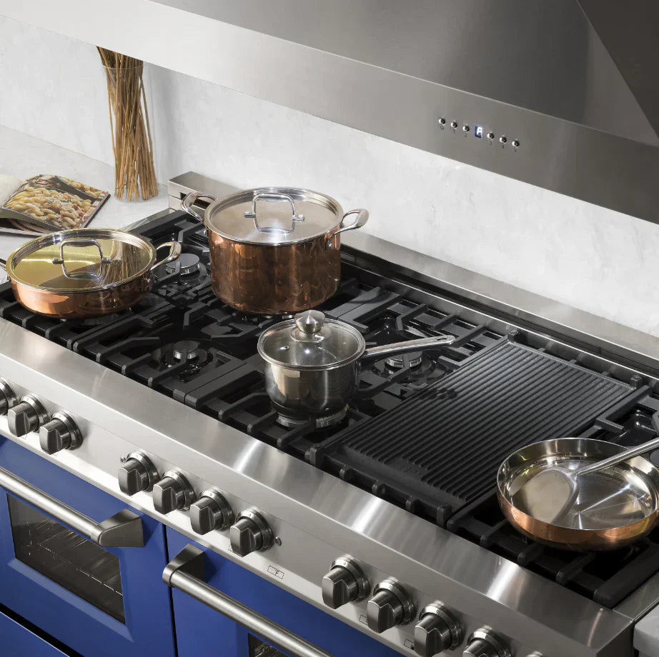 ZLINE 60 in. Legacy Dual Fuel Range, 7.4 cu. ft., 9 Burner Gas Cooktop, Double Electric Convection Ovens, Satin Stainless Steel with Blue Gloss Doors (RAS-BG-60)