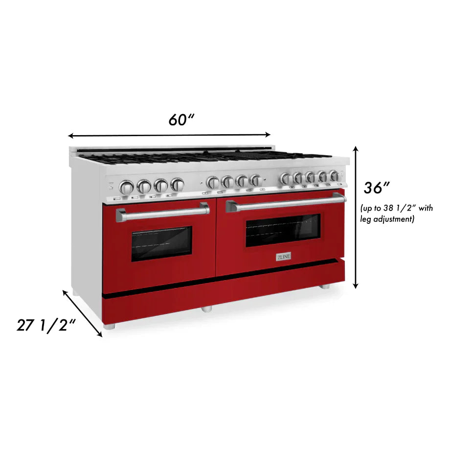 ZLINE 60-Inch Legacy Dual Fuel Range, 9 Gas Burners, 2 Electric Convection Ovens, 7.4 cu. ft., Satin Stainless Steel with Red Gloss Doors (RAS-RG-60)