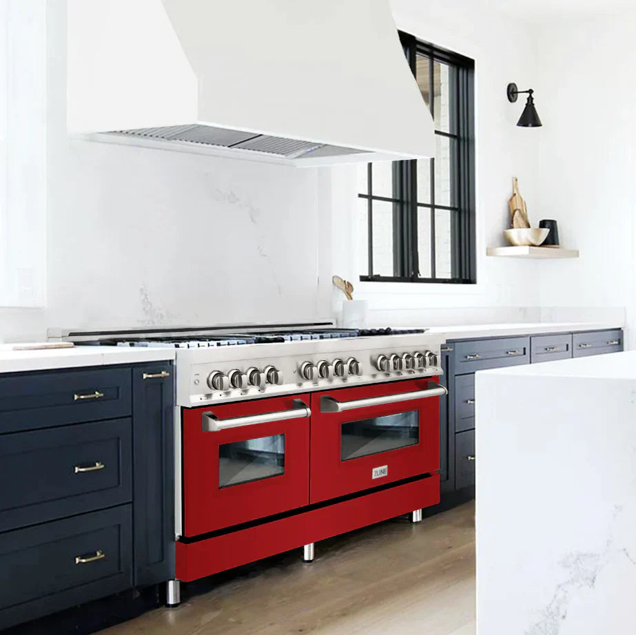ZLINE 60-Inch Legacy Dual Fuel Range, 9 Gas Burners, 2 Electric Convection Ovens, 7.4 cu. ft., Satin Stainless Steel with Red Gloss Doors (RAS-RG-60)