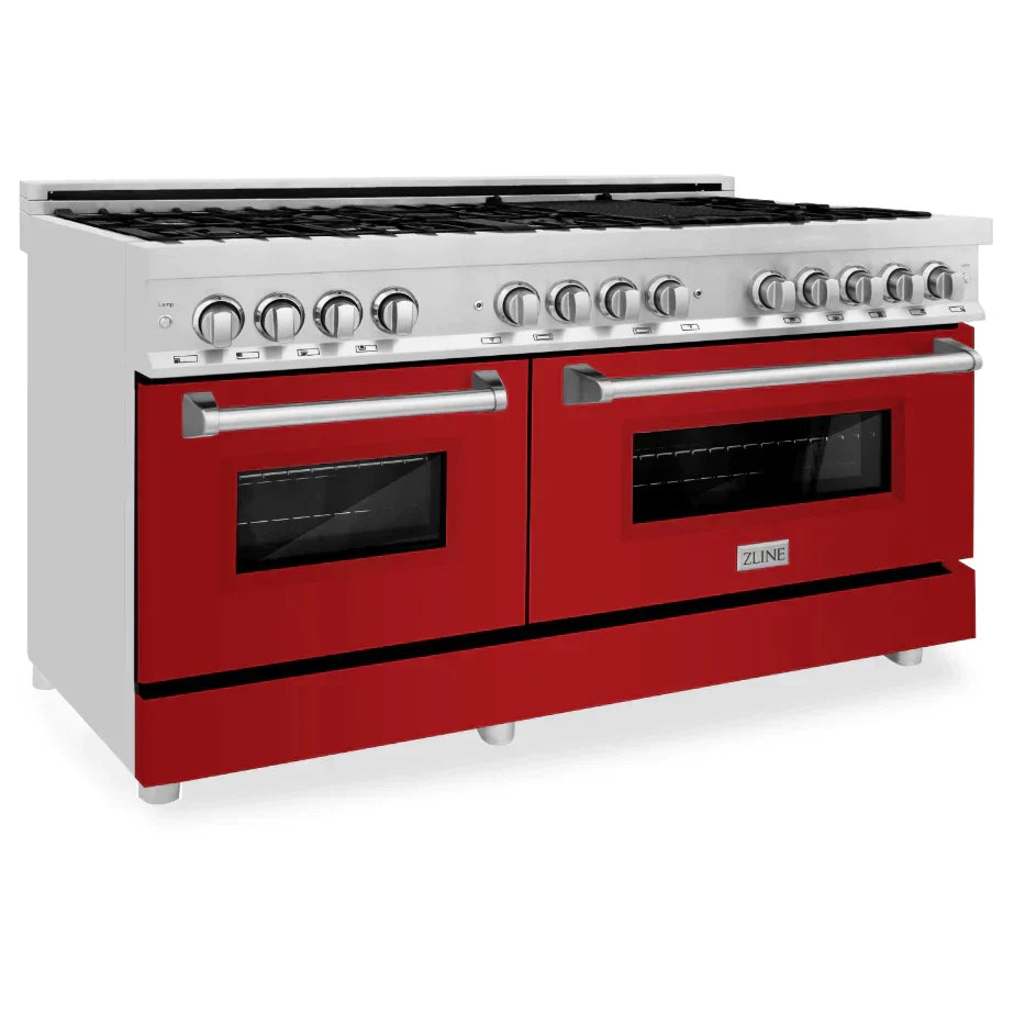 ZLINE 60 in. Legacy Dual Fuel Range, 9 Burner Gas Cooktop, 2 Electric Convection Ovens, 7.4 cu. ft., Satin Stainless Steel with Red Matte Doors (RAS-RM-60)