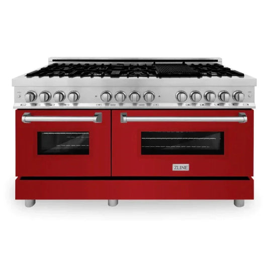 ZLINE 60 in. Legacy Dual Fuel Range, 9 Burner Gas Cooktop, 2 Electric Convection Ovens, 7.4 cu. ft., Satin Stainless Steel with Red Matte Doors (RAS-RM-60)