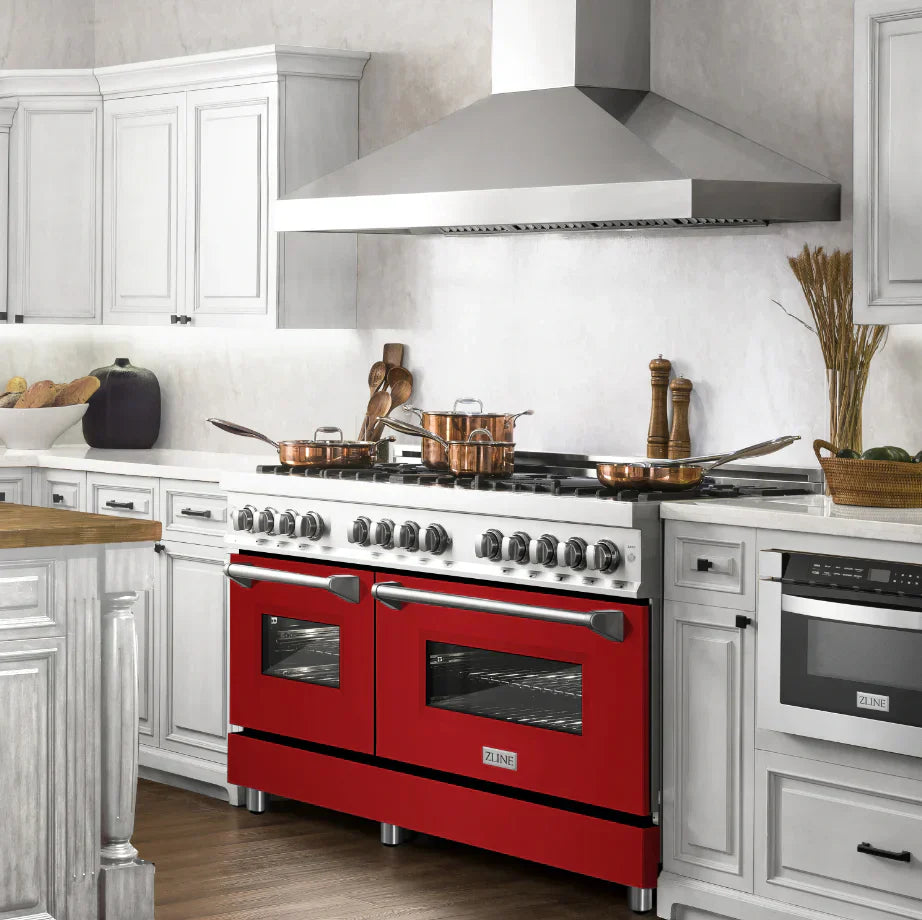 ZLINE 60 in. Legacy Dual Fuel Range, 9 Burner Gas Cooktop, 2 Electric Convection Ovens, 7.4 cu. ft., Satin Stainless Steel with Red Matte Doors (RAS-RM-60)
