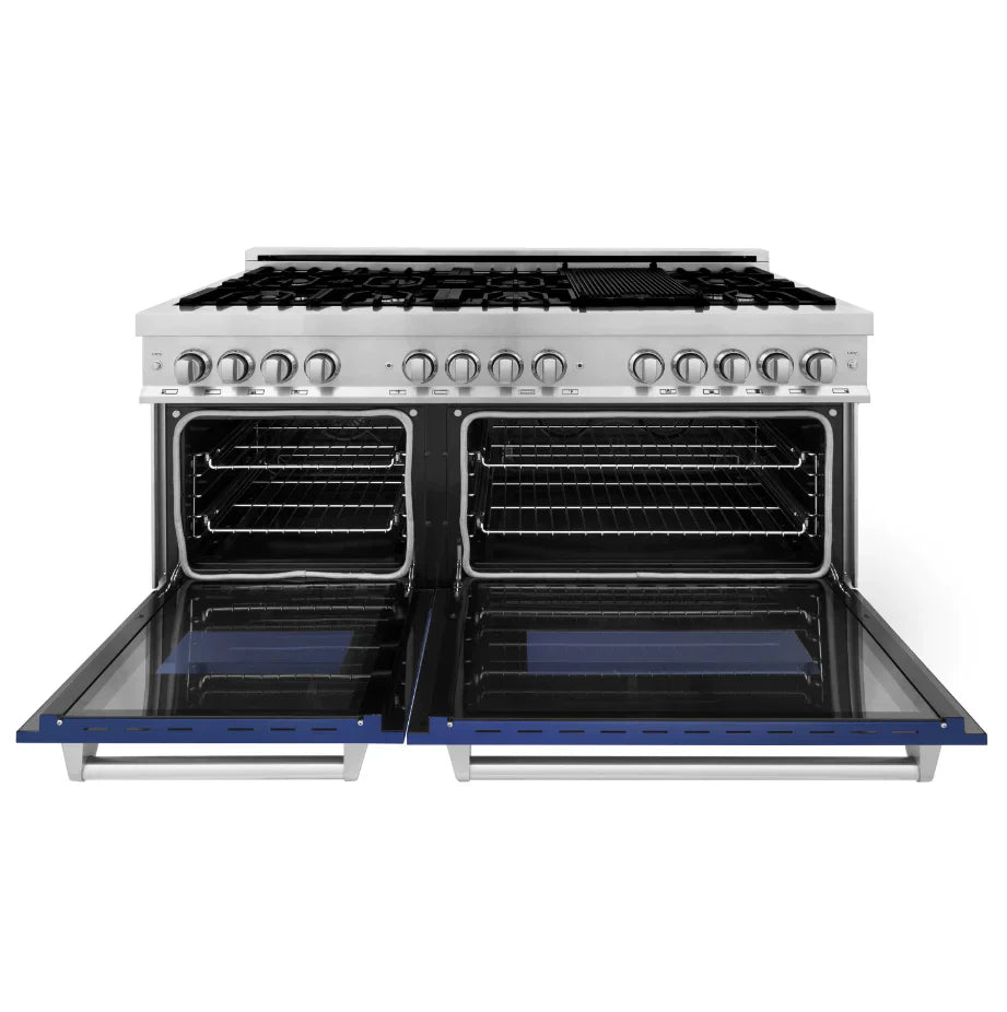 ZLINE 60 in. Dual Fuel Professional Range, 9 Burner Gas Cooktop, Double Electric Convection Ovens, Stainless Steel with Blue Matte Door (RA-BM-60)