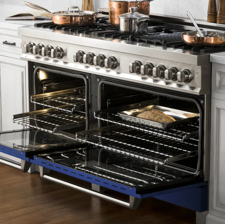 ZLINE 60 in. Dual Fuel Professional Range, 9 Burner Gas Cooktop, Double Electric Convection Ovens, Stainless Steel with Blue Matte Door (RA-BM-60)