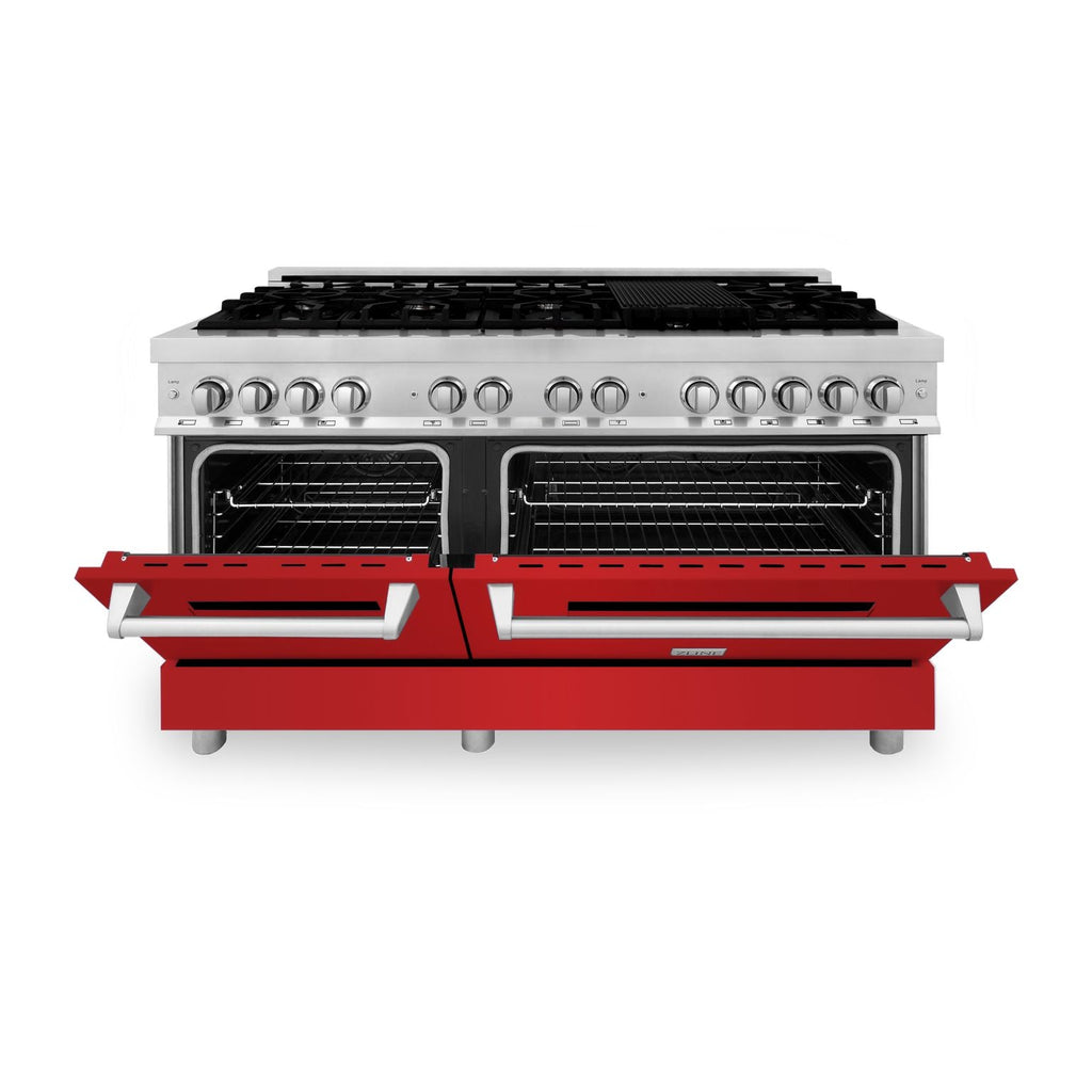 ZLINE 60 in. Dual Fuel Range with Gas Cooktop and Electric Ovens in Stainless Steel with Red Matte Doors (RA-RM-60)