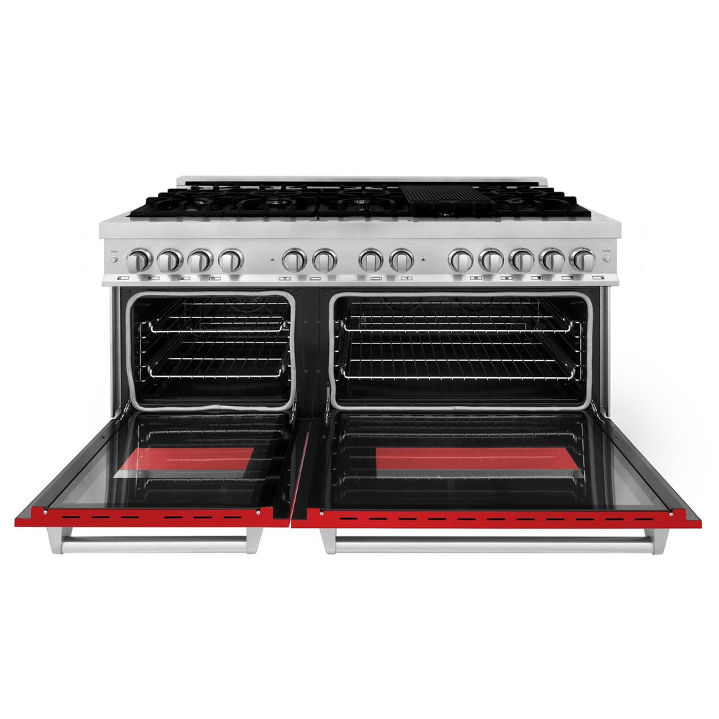 ZLINE 60 in. Dual Fuel Range with Gas Cooktop and Electric Ovens in Stainless Steel with Red Matte Doors (RA-RM-60)