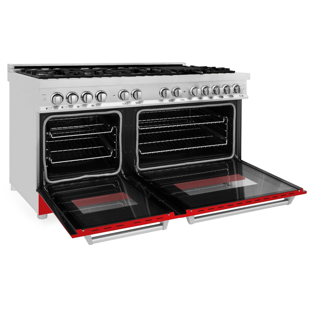 ZLINE 60 in. Dual Fuel Range with Gas Cooktop and Electric Ovens in Stainless Steel with Red Matte Doors (RA-RM-60)