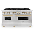 ZLINE Autograph Edition 60 in. 7.4 cu. ft. Legacy Dual Fuel Range with 9 Gas Burners and Double Electric Convection Ovens in Satin Stainless Steel with Champagne Bronze Accents (RASZ-SN-60-CB)