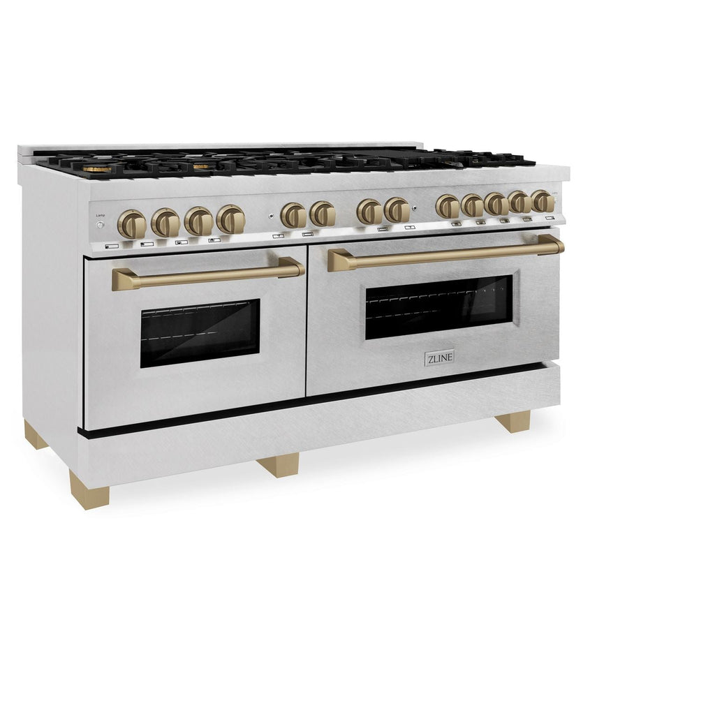 ZLINE Autograph Edition 60 in. 7.4 cu. ft. Legacy Dual Fuel Range with 9 Gas Burners and Double Electric Convection Ovens in Satin Stainless Steel with Champagne Bronze Accents (RASZ-SN-60-CB)