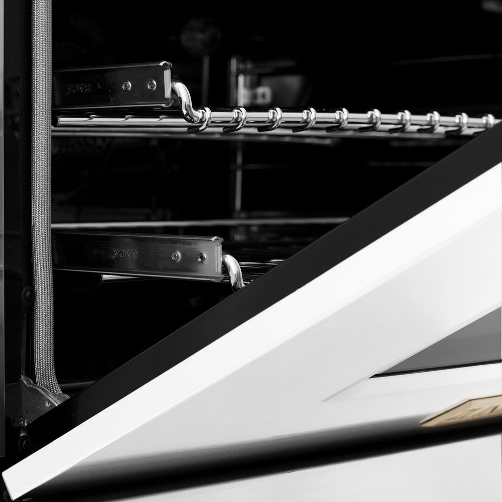 ZLINE Autograph Edition 60 in. 7.4 cu. ft. Legacy Dual Fuel Range with 9 Gas Burners and Double Electric Convection Ovens in Satin Stainless Steel with White Matte Doors and Polished Gold Accents (RASZ-WM-60-G)