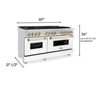 ZLINE Autograph Edition 60 in. 7.4 cu. ft. Legacy Dual Fuel Range with 9 Gas Burners and Double Electric Convection Ovens in Satin Stainless Steel with White Matte Doors and Polished Gold Accents (RASZ-WM-60-G)