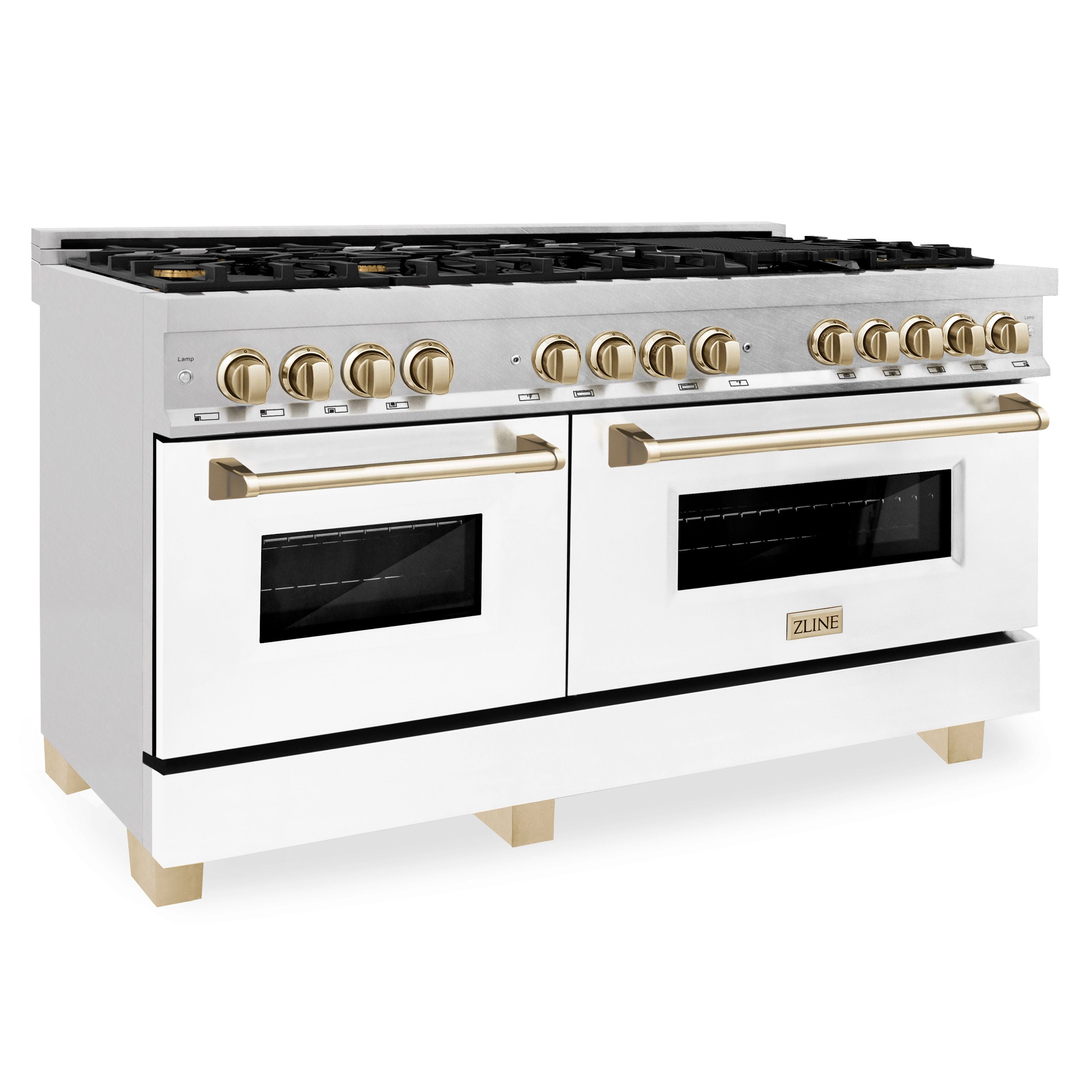 ZLINE Autograph Edition 60 in. 7.4 cu. ft. Legacy Dual Fuel Range with 9 Gas Burners and Double Electric Convection Ovens in Satin Stainless Steel with White Matte Doors and Polished Gold Accents (RASZ-WM-60-G)