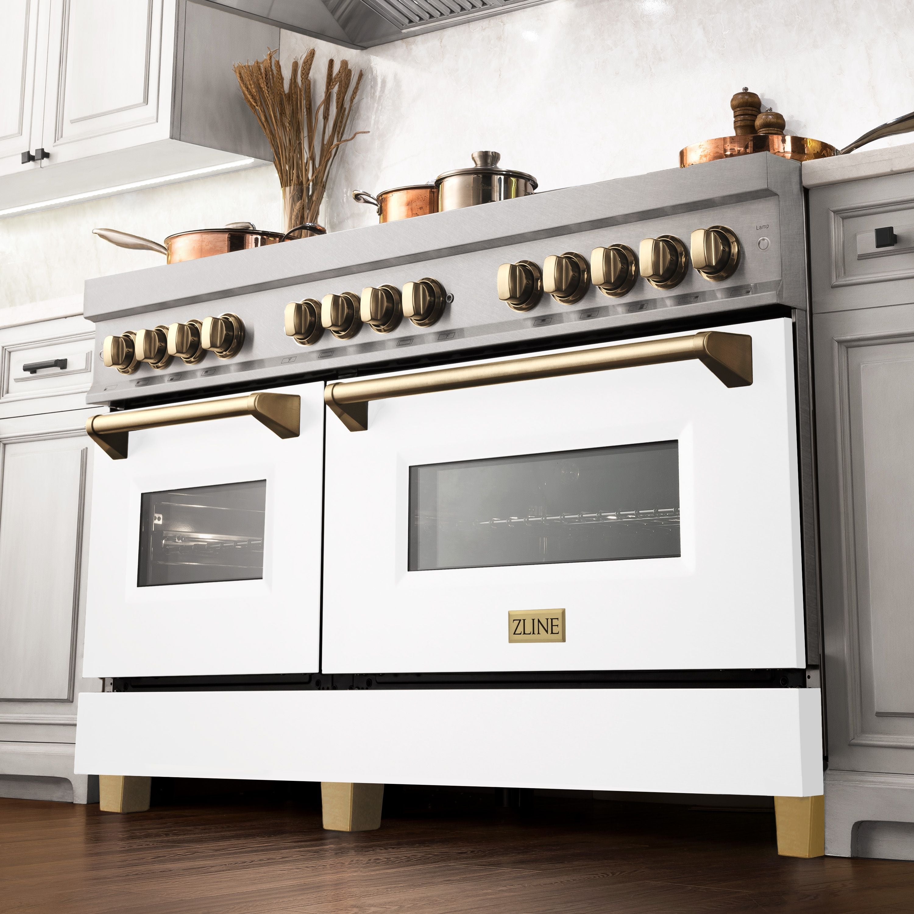 ZLINE Autograph Edition 60 in. 7.4 cu. ft. Legacy Dual Fuel Range with 9 Gas Burners and Double Electric Convection Ovens in Satin Stainless Steel with White Matte Doors and Polished Gold Accents (RASZ-WM-60-G)