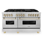 ZLINE Autograph Edition 60 in. 7.4 cu. ft. Legacy Dual Fuel Range with 9 Burner Gas Cooktop and 2 Electric Convection Ovens in Satin Stainless Steel with Polished Gold Accents (RASZ-SN-60-G)
