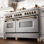 ZLINE Autograph Edition 60 in. 7.4 cu. ft. Legacy Dual Fuel Range with 9 Burner Gas Cooktop and 2 Electric Convection Ovens in Satin Stainless Steel with Polished Gold Accents (RASZ-SN-60-G)