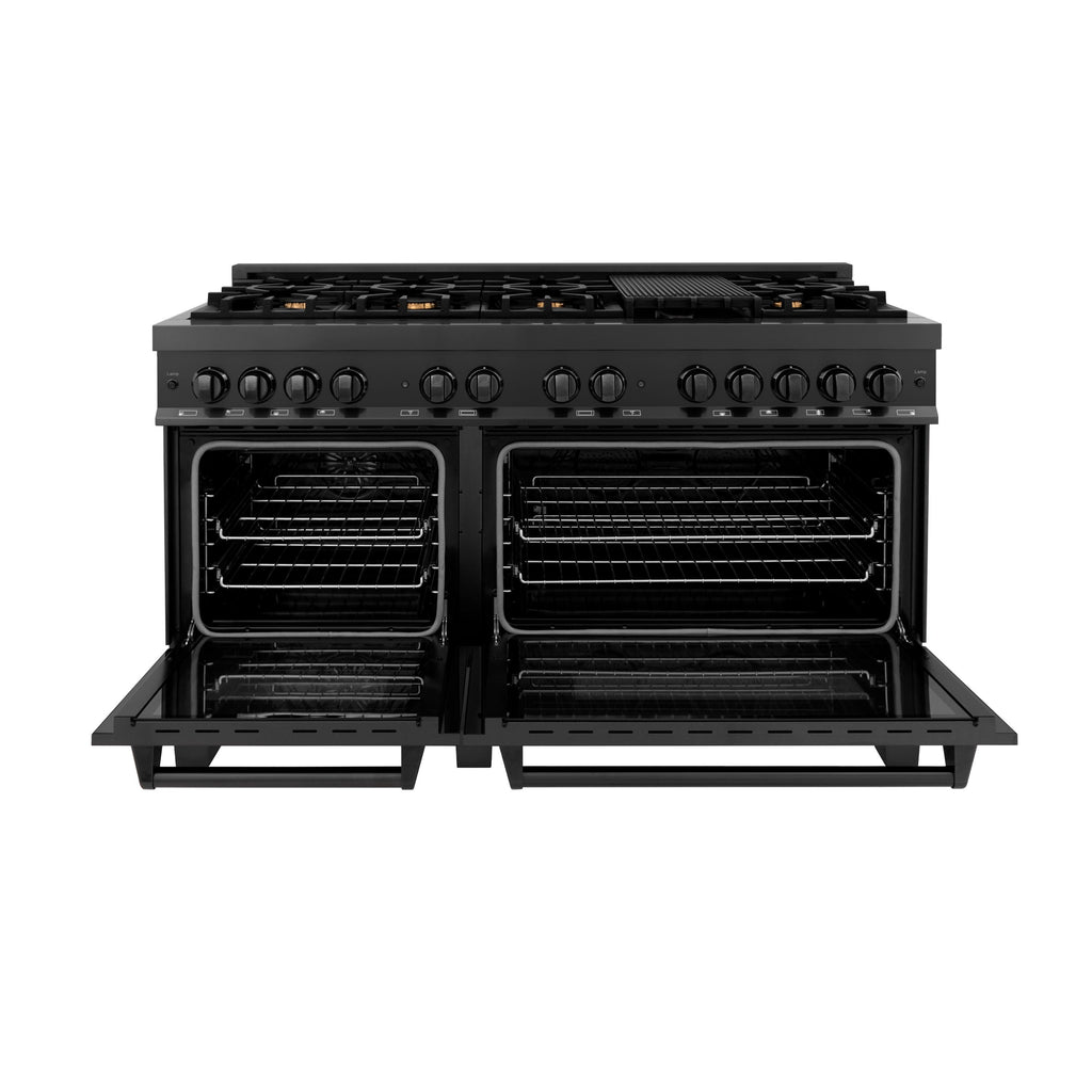 ZLINE 60 in. Dual Fuel Range with Gas Burners and 7.6 cu. ft. Electric Oven in Black Stainless Steel with Brass Burners (RAB-60)