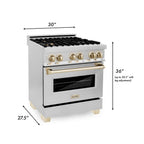 ZLINE Autograph Package - 30 In. Dual Fuel Range, Range Hood, Dishwasher in Stainless Steel with Gold Accents, 3AKP-RARHDWM30-G