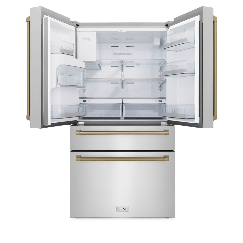 ZLINE Autograph Package - 30" Gas Range, Range Hood, Refrigerator with Water and Ice Dispenser, Dishwasher with Bronze Accents