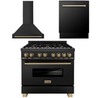 ZLINE Autograph Package - 36 In. Dual Fuel Range, Range Hood, Dishwasher in Black Stainless Steel with Champagne Bronze Accent, 3AKP-RABRHDWV36-CB