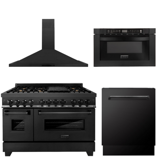 ZLINE Appliance Package - 48 In. Dual Fuel Range, Range Hood, Microwave and Dishwasher in Black Stainless Steel, 4KP-RABRH48-MWDWV