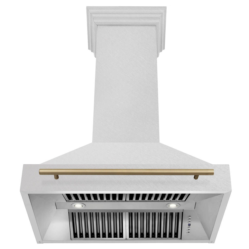ZLINE 36 in. Wall Mount Range Hood Satin Stainless Steel 400 CFM Champagne Bronze Handle (8654SNZ-36-CB)