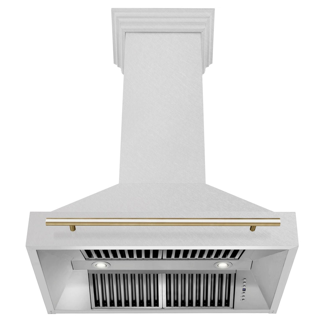ZLINE 36" Wall Mount Range Hood – Satin Stainless Steel, Polished Gold Handle, 8654SNZ-36-G