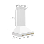 ZLINE 36 in Wall Mount Range Hood Satin Stainless Steel White Matte Shell Champagne Bronze Handle 8654SNZ-WM36-CB
