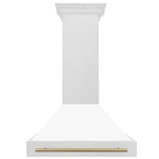 ZLINE 36 in Wall Mount Range Hood Satin Stainless Steel White Matte Shell Champagne Bronze Handle 8654SNZ-WM36-CB